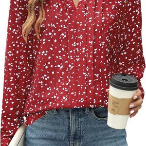 Women's Dressy Casual Blouses Business Work Tops Long Sleeve V Neck Pleated Shir